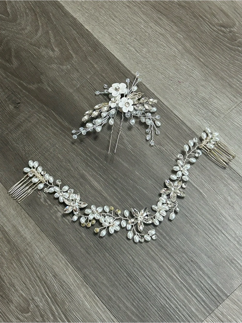 Pearl Crystal Floral Bridal Hairpiece Set Silver Hair Clips Comb Piece